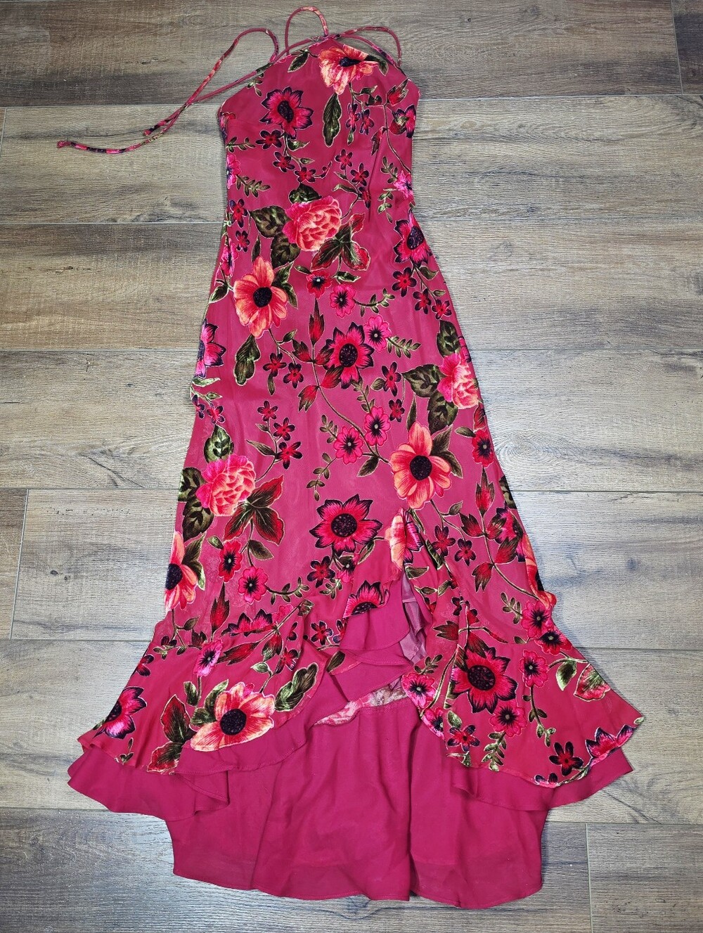Vintage Y2K Morgan & Co Floral Velvet Halter High Low Maxi Dress 5/6